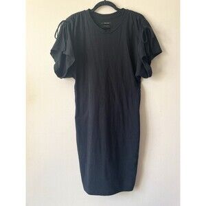 Isabel Marant Black Jersey Cotton Dress Ruched Sleeve Tie Minimal Midi S/M